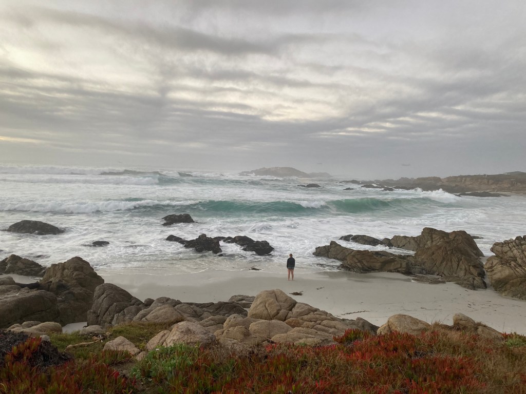 A photograph of the author and the waves crashing at the Pacific Ocean in California.