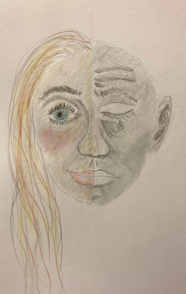 A pencil drawing of a girl with a split face between how she portrays herself to the world and the sickness she feels on the inside. 