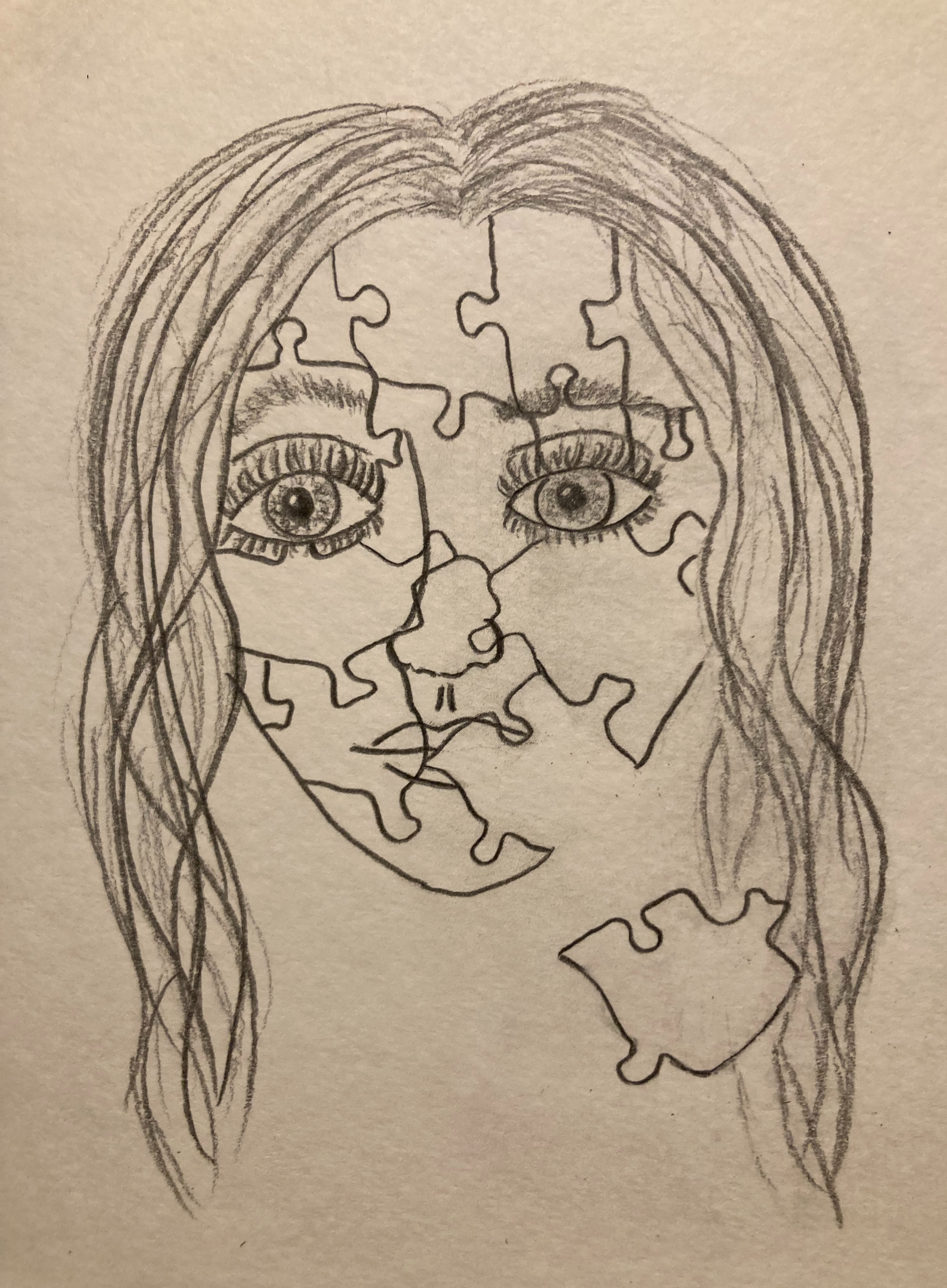 Pencil drawing of a girl's face made of a puzzle, one piece left to be places, representing the struggle of piecing yourself back together after a brain injury. 
"But I did, painfully, piece by piece."