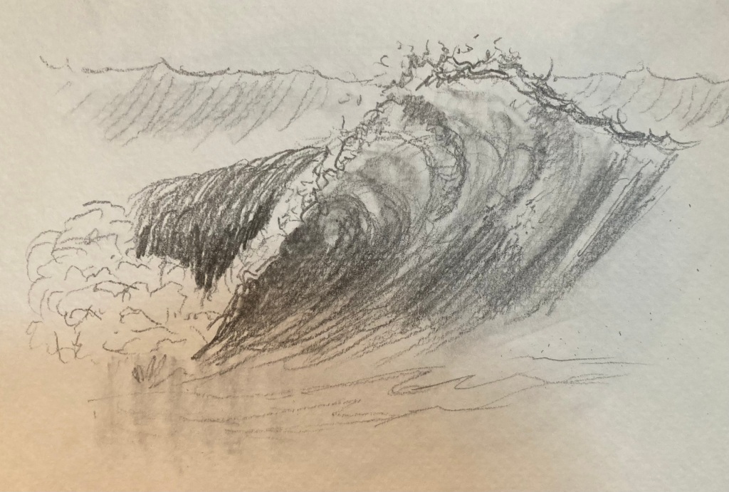 A pencil drawing of a wave crashing powerfully, letting go of all that it cannot control. 