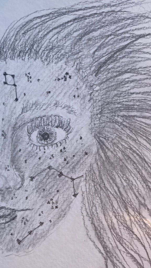 Pencil drawing of a woman's face, hair wild with constellations on her skin: "I too am made of stardust."