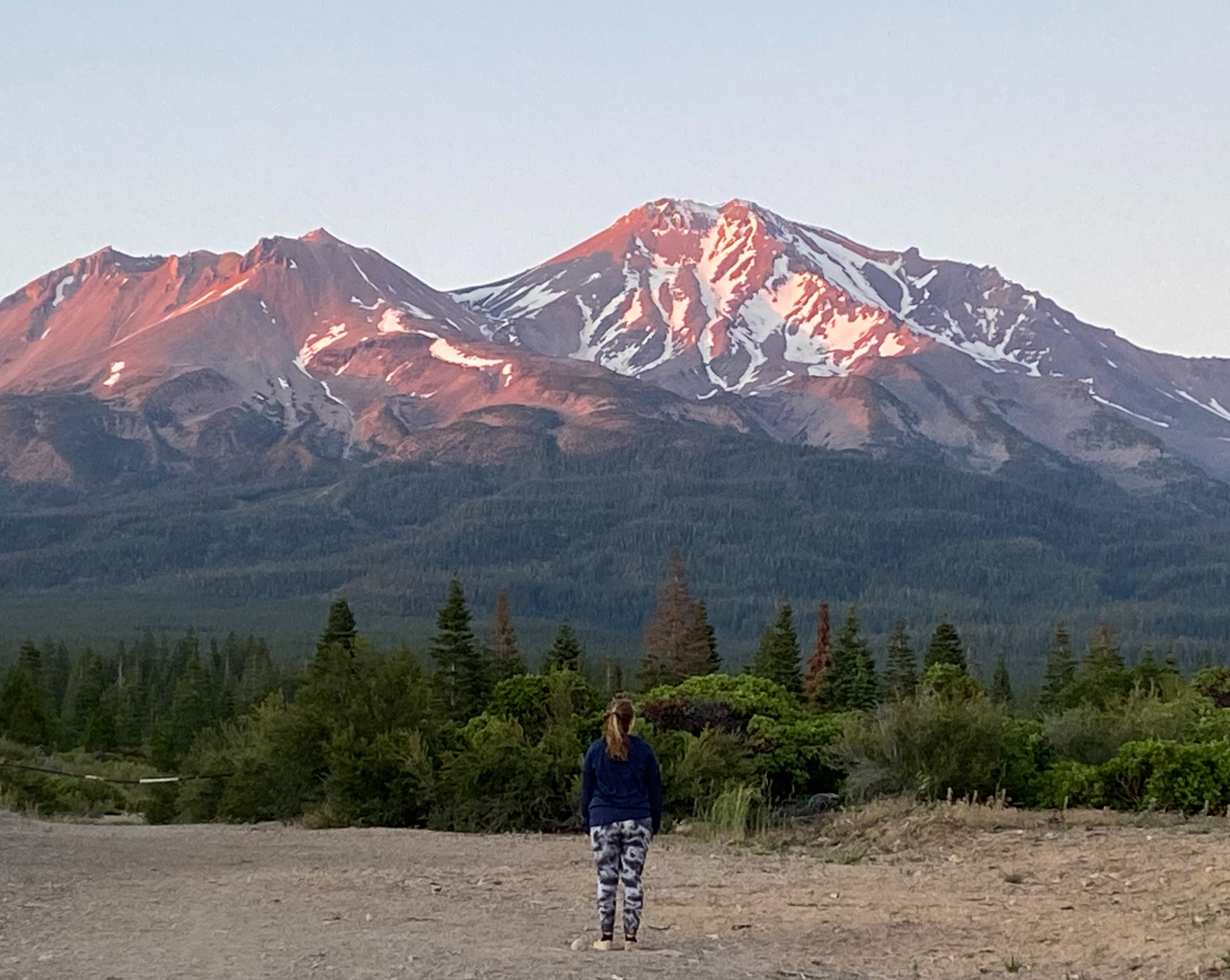 Photograph of the author standing before a snowcapped Mount Shasta, glowing purple in the evening light.

"The hope is there, burning low and persistent.: