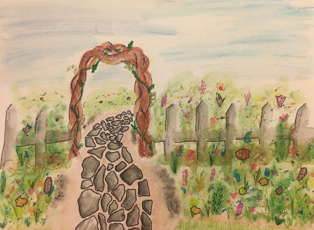 Watercolor painting of a stone path winding through a wooden arch in a fence, windflowers all around. 

"There is a path forward."
